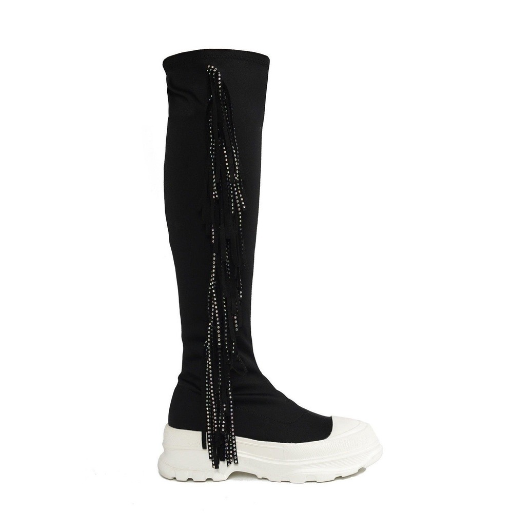 Cape Robbin Boots Aretha Sz 7 Black/ White Rhinestone Fringe Chunky Lug Sole